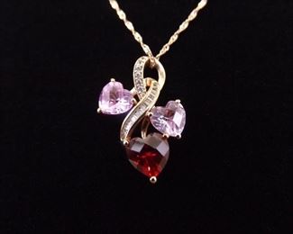 .925 Sterling Silver Pink Sapphire and Garnet Heart Crystal Rose Gold Vermeil Pendant Necklace
