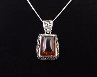 .925 Sterling Silver Amber Cabochon Scrolled Pendant Necklace
