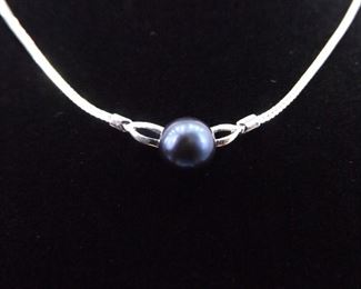 .925 Sterling Silver Genuine Blue Pearl Fixed Pendant Necklace
