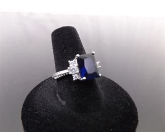 .925 Sterling Silver Blue Sapphire Crystal Ring Size 7.75
