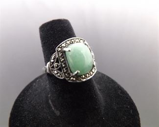 .925 Sterling Silver Art Nouveau Jade Ring Size 6

