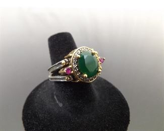 .925 Sterling Silver Reversible Emerald and Ruby Crystal Vermeil WOW Ring Size 7.25

