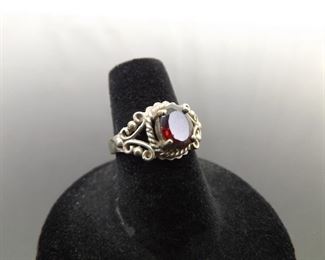 .925 Sterling Silver Oval Cut Garnet Scrolled Ring Size 6.25

