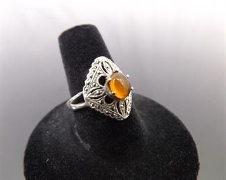 .925 Sterling Silver Art Nouveau Amber Cabochon Ring Size 8.25
