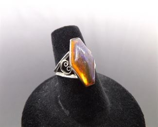 .925 Sterling Silver Dominican Amber Cabochon Ring Size 6
