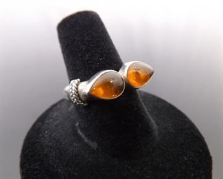 .925 Sterling Silver Amber Cabochon Ring Size 7.5
