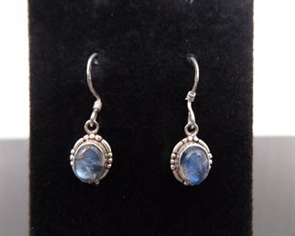 .925 Sterling Silver Labradorite Cabochon Dangle Hook Earrings
