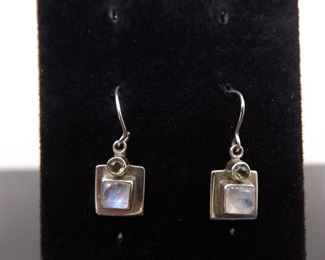 .925 Sterling Silver Moonstone and Peridot Cabochon Dangle Hook Earrings

