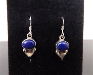 .925 Sterling Silver Lapis Lazuli Cabochon Dangle Hook Earrings
