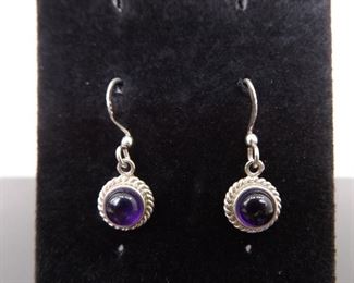 .925 Sterling Silver Amethyst Cabochon Dangle Hook Earrings
