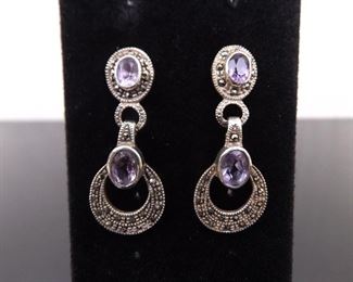 .925 Sterling Silver Art Nouveau Faceted Amethyst Post Earrings
