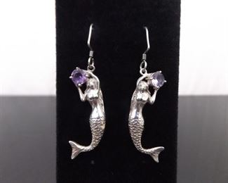 .925 Sterling Silver Faceted Amethyst Mermaid Dangle Hook Earrings
