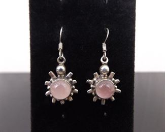 .925 Sterling Silver Rose Quartz Cabochon Dangle Hook Earrings
