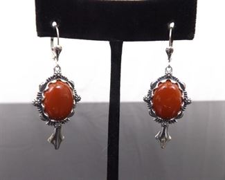 .925 Sterling Silver Jasper Cabochon Dangle Hook Latch Earrings
