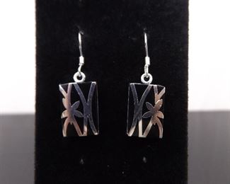 .925 Sterling Silver Onyx Palm Tree Dangle Hook Earrings
