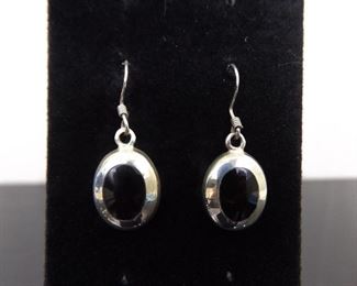 .925 Sterling Silver Inlayed Black Onyx Cabochon Dangle Hook Earrings
