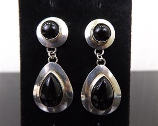 .925 Sterling Silver Black Onyx Cabochon Dangle Post Earrings
