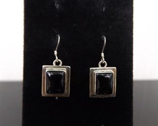 .925 Sterling Silver Inlayed Black Onyx Cabochon Dangle Hook Earrings
