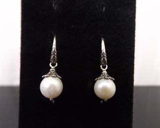 .925 Sterling Silver Genuine Pearl Dangle Hook Earrings
