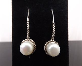 .925 Sterling Silver Genuine Pearl Dangle Hook Earrings
