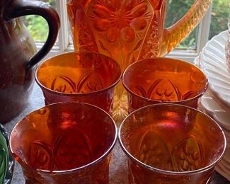 Carnival Glass Pitcher and Glasses