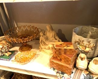 Carved Stone statuary figures, mid-century glassware
