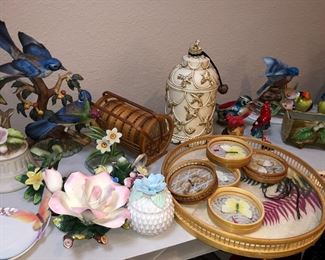 Porcelain birds, vintage coaster set with tray, porcelain Campo DeMonte flowers figures