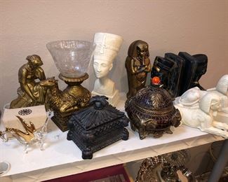 Mid century Egyptian style, decorative statuary and figures. Decorative boxes.