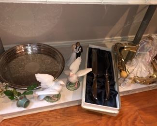 Silver trays, carving set, porcelain doves, Bride figurine, porcelain bride, and groom
