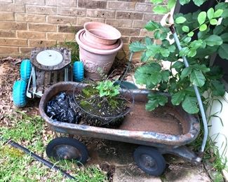 Gardening, wagon, and pots