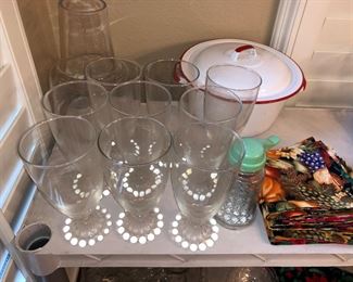 Vintage glassware and kitchen enamel pot