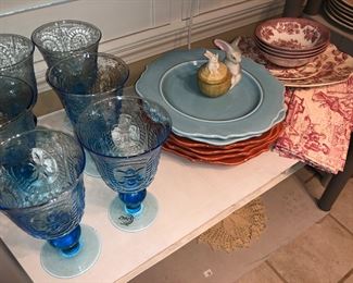 Ironstone and pottery vintage blue glasses
