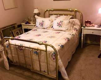 Brass bed with electric mattress, white end, tables White chest of drawers with mirror