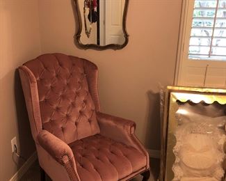 Pink tufted, wingback chair, Velvet