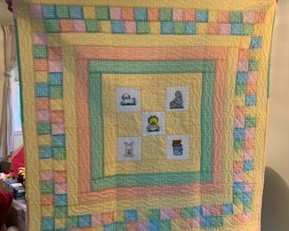 #38 Baby Quilt Yellow/Pink/Blue w/Cross-stitched Animals - Hand Quilted $50.00