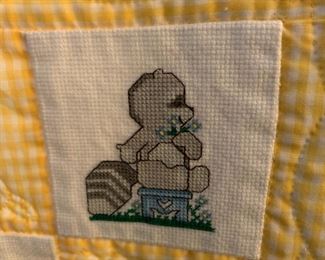 #38 Baby Quilt Yellow/Pink/Blue w/Cross-stitched Animals - Hand Quilted $50.00