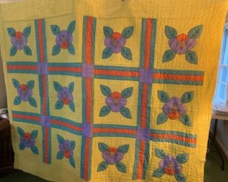 #41 Yellow Hand-Quilted Pansy w/hand embroidery on Flowers - (some stains and slight Fraying on Border) - 80x68 $75.00