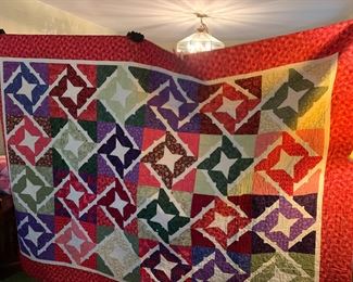 #43 Red Drunken Star Machine Quilted Quilt - 96x66 $75.00