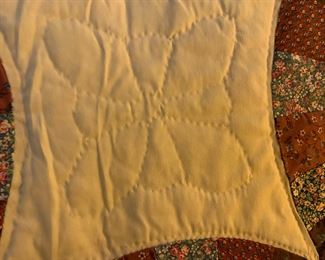 #44 Scalloped Edge Double Wedding Ring Cream/Brown/Teal Hand-quilted Quilt - 96x82 $100.00