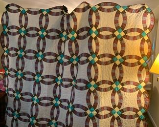 #44 Scalloped Edge Double Wedding Ring Cream/Brown/Teal Hand-quilted Quilt - 96x82 $100.00
