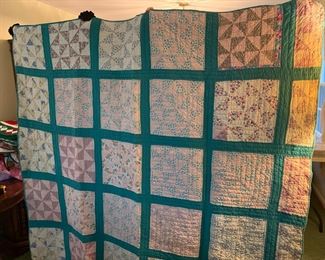#46 Green/Pink Vintage Hand-quilted Quilt w/half-square Triangles - 76x70 $65.00