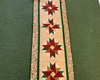 #51 Tan Green/Burgandy Table Runner - Machine Quilted - 20.5x72 $35.00