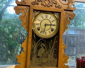 #65 Wood Wall Clock w/Crane & Cattails & Key $40.00