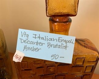 #162 Vtg. Italian Empoli Brutalist Decanter Amber $50.00