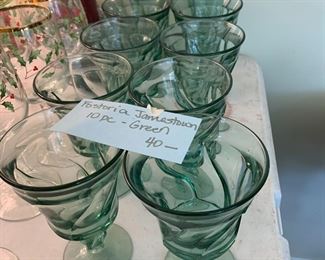 #166 Fostoria "Jamestown" Green Glasses - 6" Tall - set of 10 $40.00