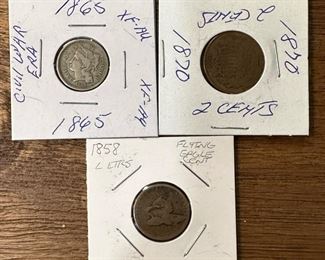 1858 Flying Eagle Cent, 1865 Three Cent Nickel, and 1870 Union Shield 2 Cent Piece
