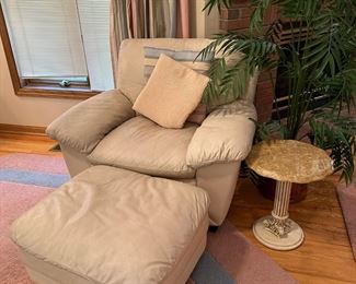 Cream Leather Armchair and Ottoman