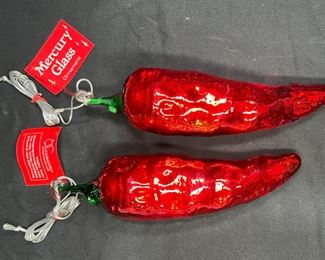 2 Mercury Glass Chili Pepper Ornaments