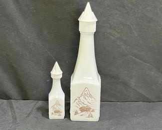 2 Milk Glass Asian Themed Liquor Bottles