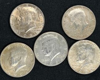 Five 1964 Kennedy Half Dollars